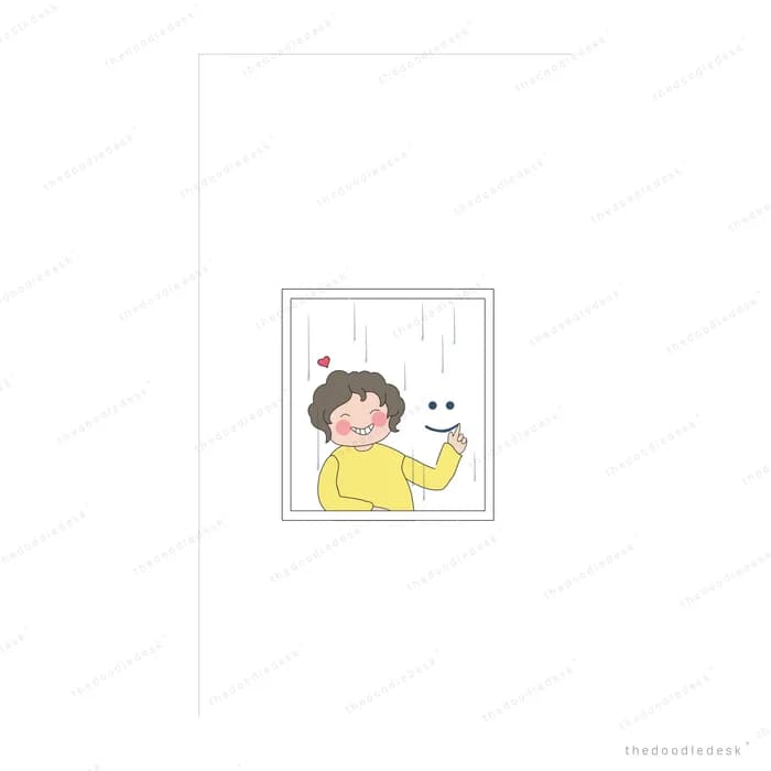Small boy drawing a smiley face on a rainy window pane