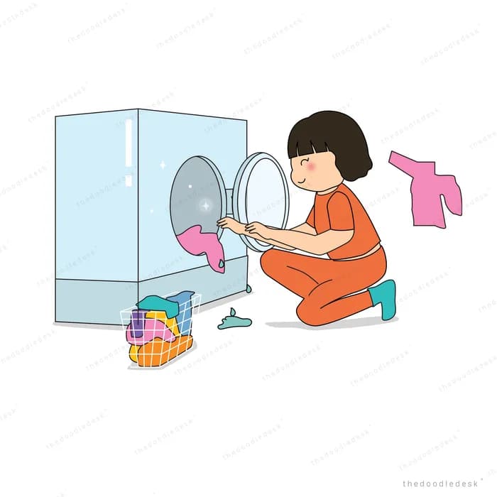 Girl kneeling to load pink clothes into a front loading washing machine