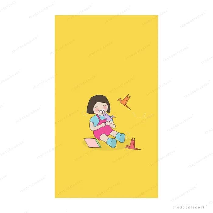 Small girl sitting playing with toys on a tall yellow panel as a bird flies past