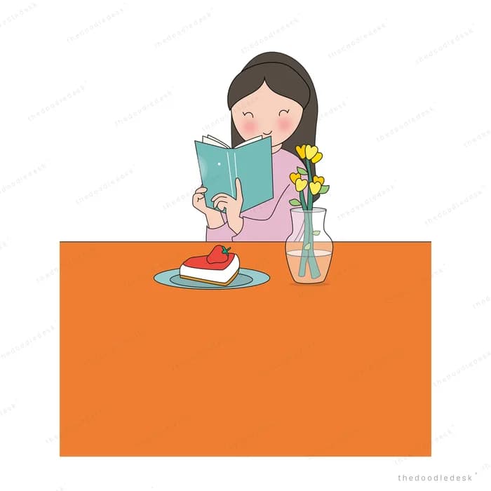 Woman reading a book at an orange table with watermelon and a vase of flowers