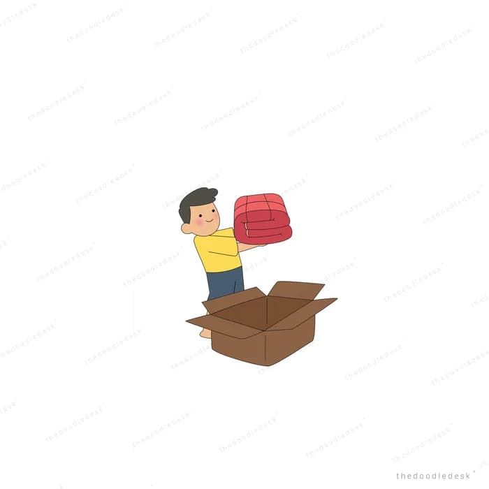Man packing a red bundle into a large open cardboard box