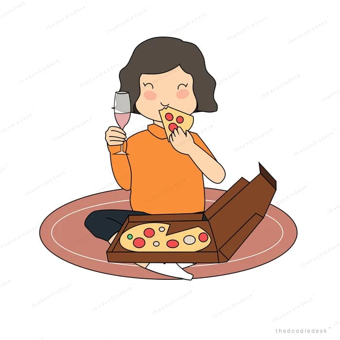 Woman sitting on a rug eating pizza from the box with a glass of wine