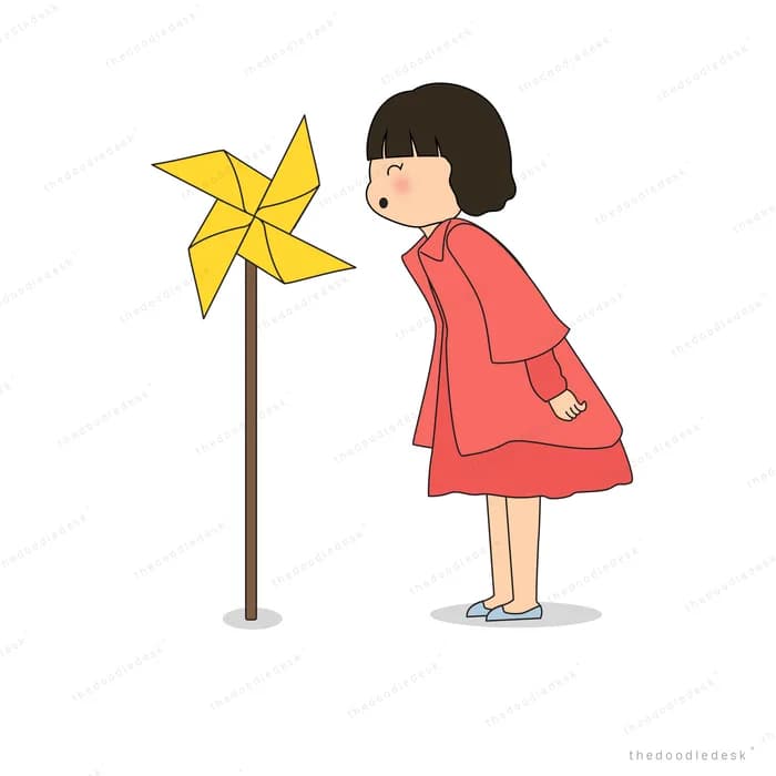 Girl in a red coat blowing a yellow pinwheel on a pole