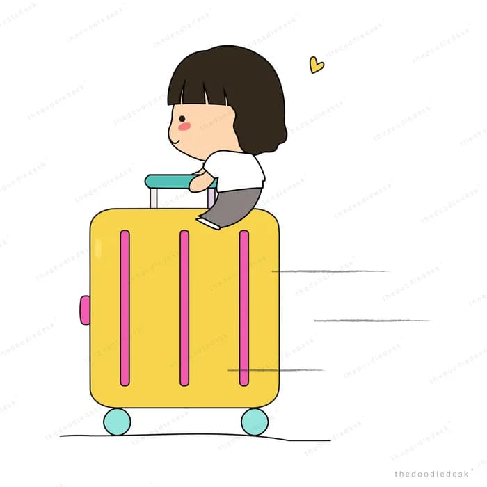 Girl riding on top of a rolling yellow suitcase