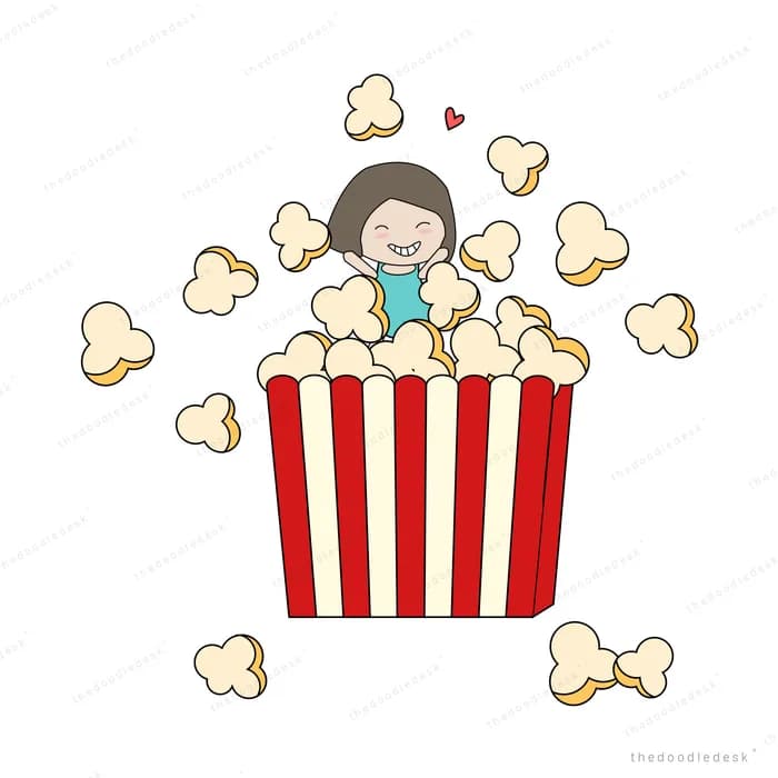 Girl popping out of a striped popcorn bucket amid flying popcorn