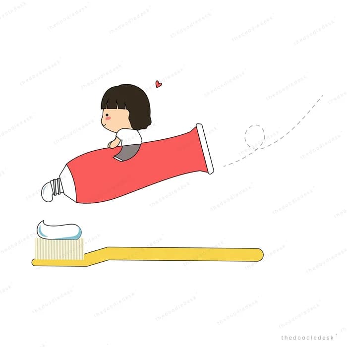 Girl riding a giant toothpaste tube squeezing paste onto a toothbrush
