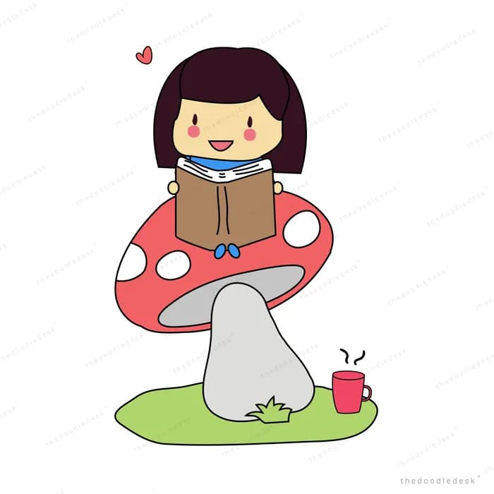 Girl reading a book while sitting on a red toadstool with a cup beside her