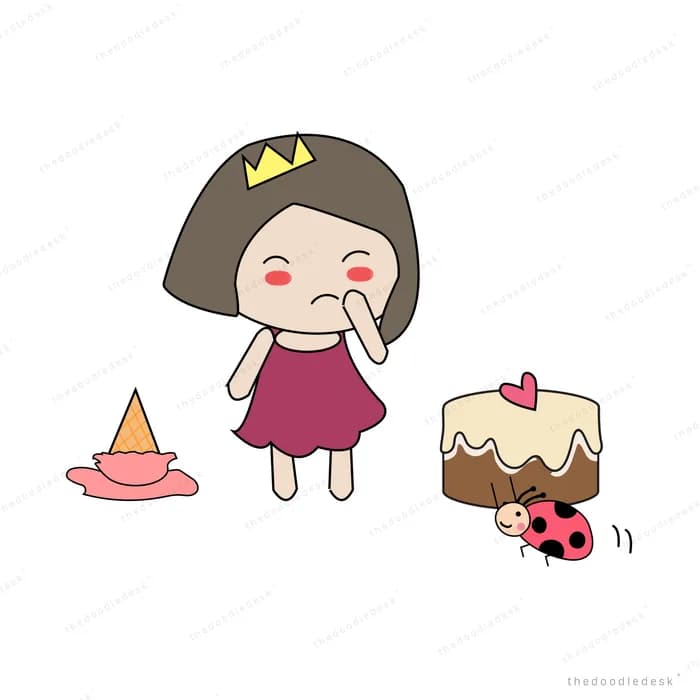 Girl in a crown crying beside a toppled birthday cake and party hat