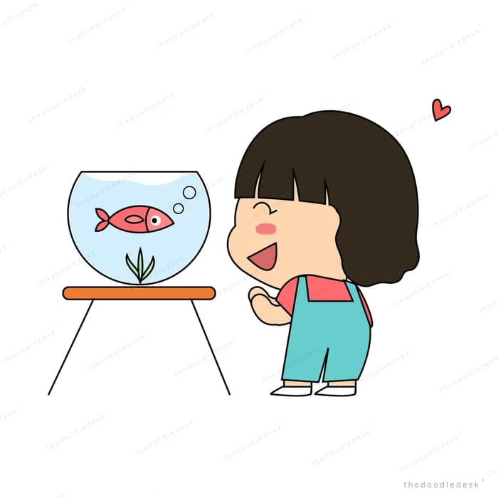 Girl leaning in to talk to a goldfish in a bowl on a stand