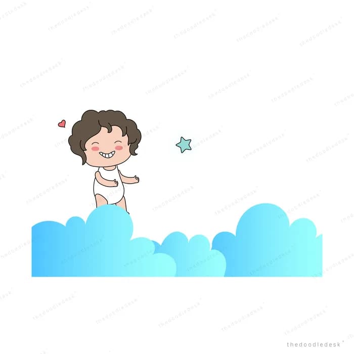 Toddler standing on blue clouds reaching toward a small star