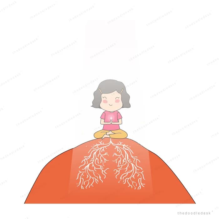 Girl sitting cross legged on top of a red mound veined with roots