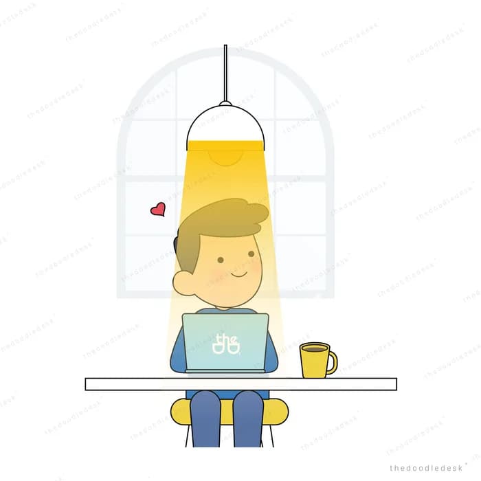 Boy working on a laptop at a table under a hanging lamp beside a window