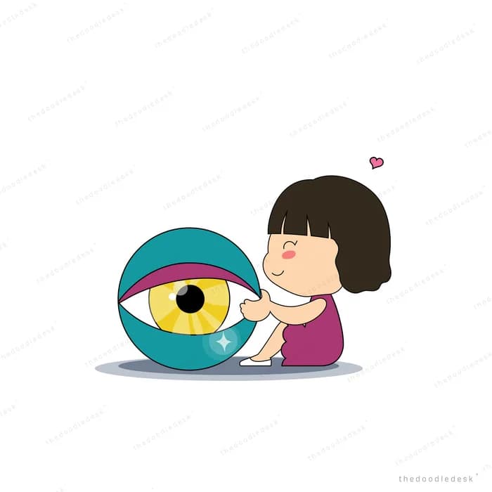 Girl sitting on the floor hugging a giant eyeball