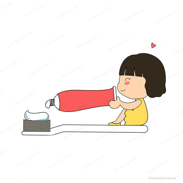 Girl squeezing a red toothpaste tube onto a giant toothbrush