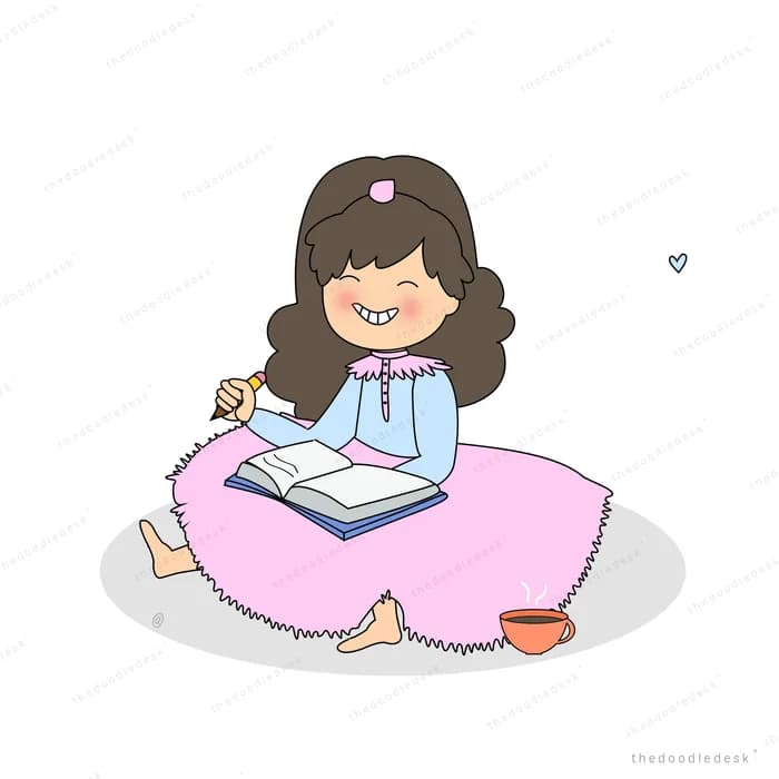Girl in a pink dress sitting on the floor writing in an open book