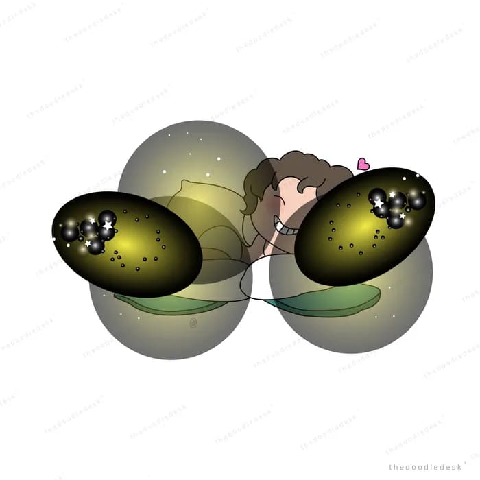 Girl half hidden behind large glossy dark bubbles glowing gold inside