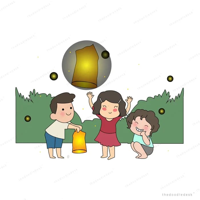 Three children releasing a glowing paper lantern into the night sky