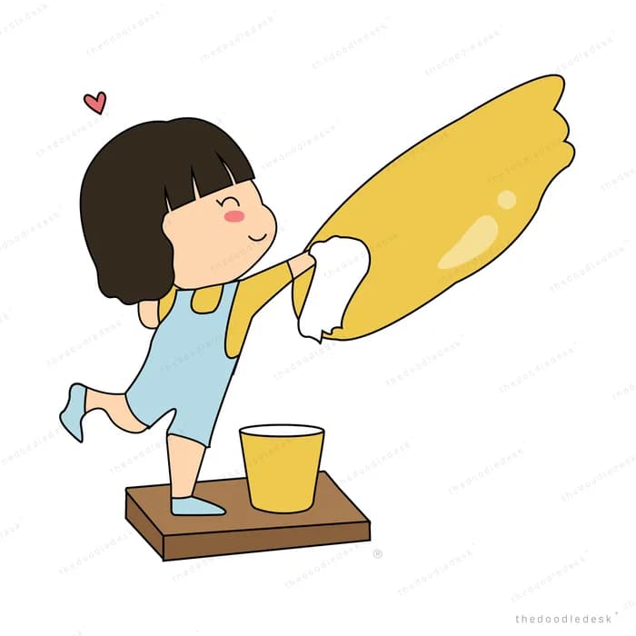 Girl standing on a stool tipping a large yellow sack into a bucket