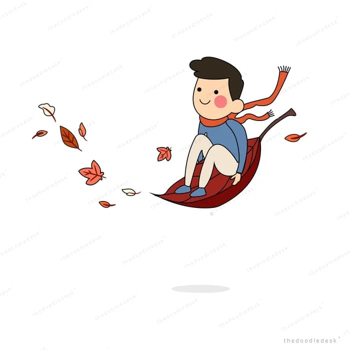 Boy riding a large red leaf like a sledge through falling autumn leaves