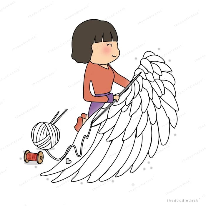 Girl knitting a giant white feathered wing from a ball of yarn