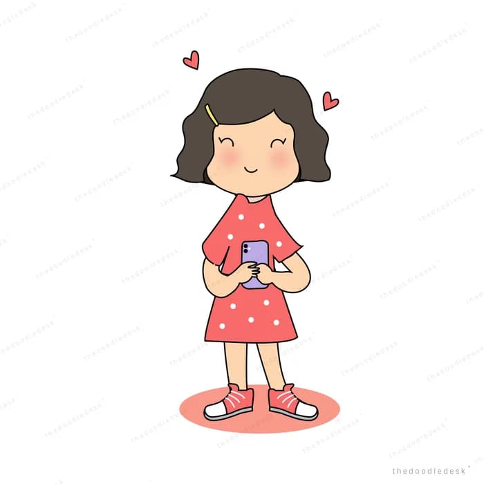 Girl in a red polka dot dress holding a phone with hearts above