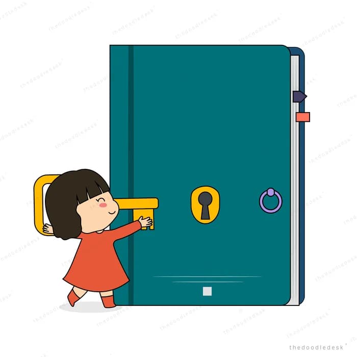 Girl holding a large key up to the lock on a giant teal diary