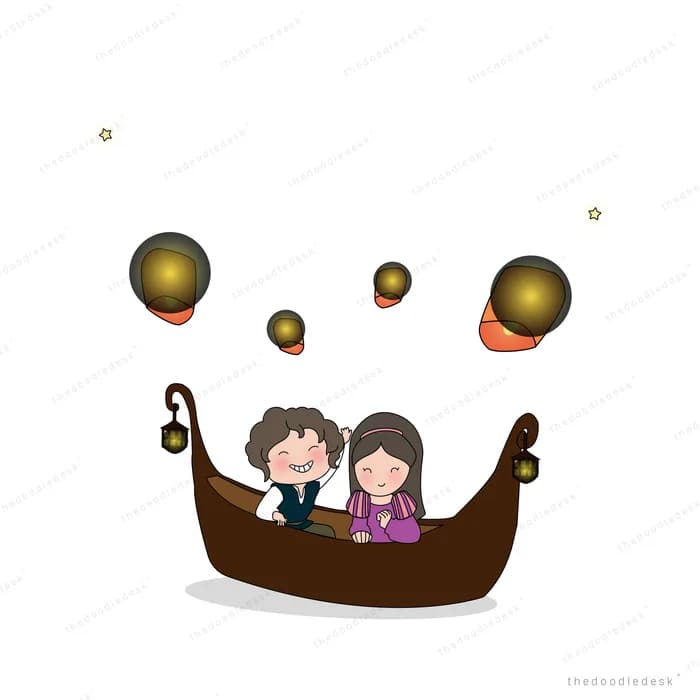 Couple sitting together in a gondola among floating golden lanterns
