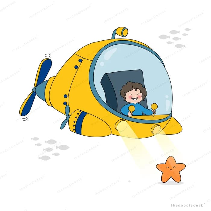 Girl piloting a yellow submarine past fish and a starfish