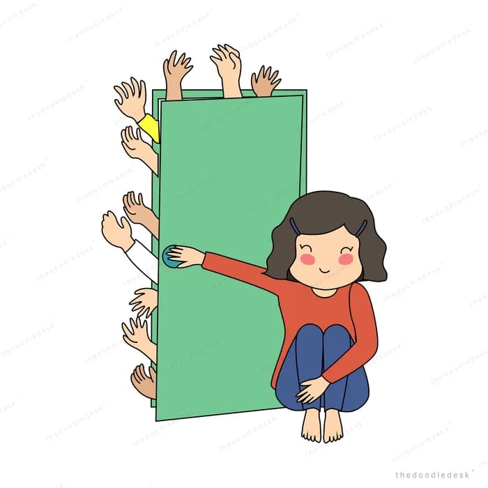 Girl bracing a green door shut against many hands reaching over it