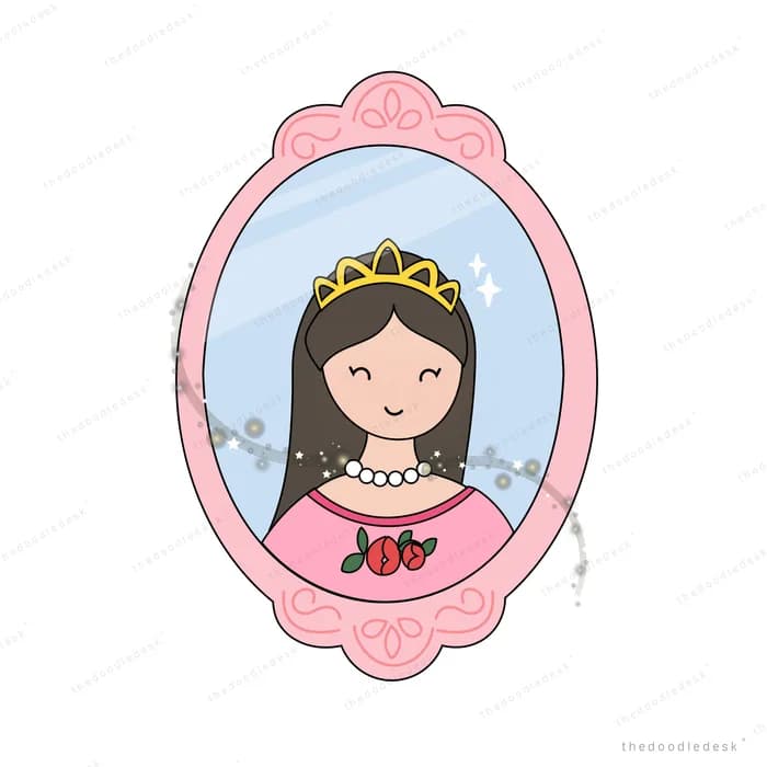 Girl in a crown and beaded necklace framed in an ornate pink oval portrait frame