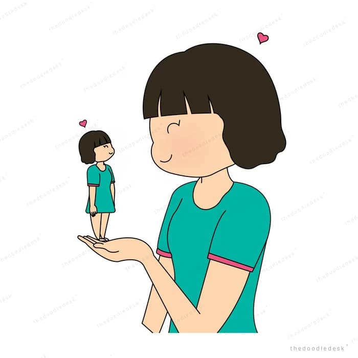 Woman holding a tiny girl standing on her palm with hearts floating