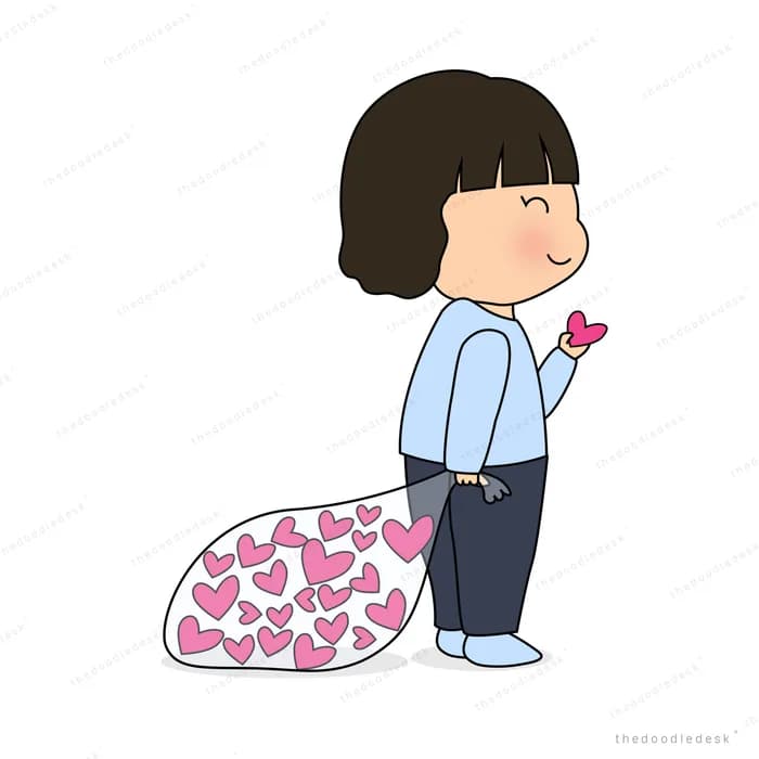 Girl dragging a heart-patterned pink blanket while holding a small red heart