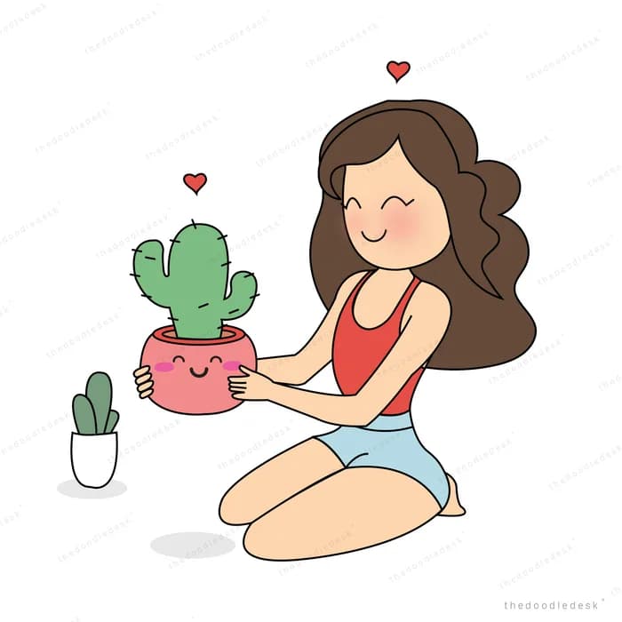 Woman kneeling and cradling a potted cactus surrounded by houseplants