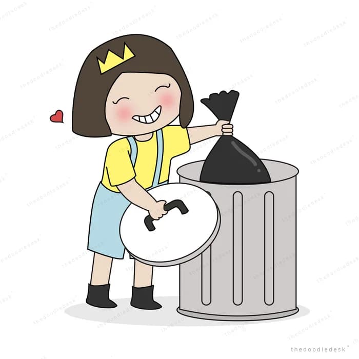 Girl in a crown dropping a black rubbish bag into a metal bin while holding the lid