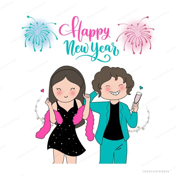 Couple holding sparklers under happy new year lettering and fireworks