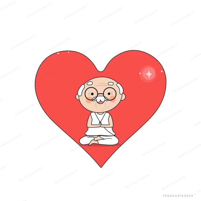Bald man in round glasses and white robes sitting cross-legged inside a large red heart