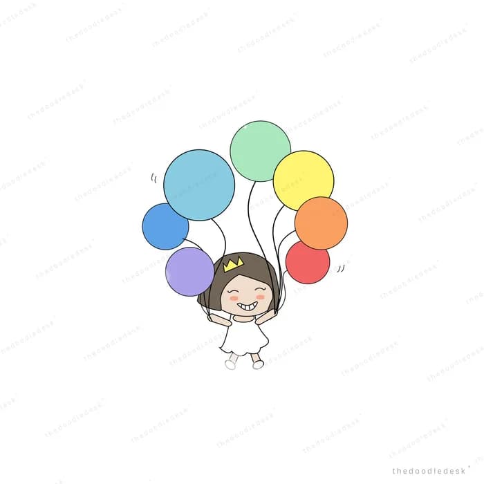 Small girl standing on a cloud holding a bunch of colourful balloons