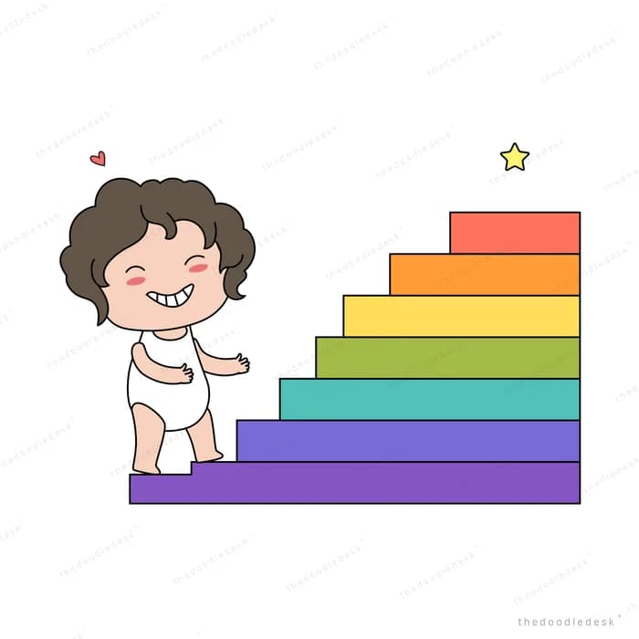 Boy climbing a rainbow-coloured staircase toward a gold star