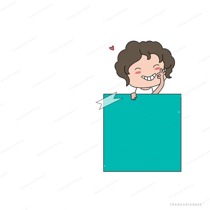 Grinning boy leaning his chin on a blank teal signboard