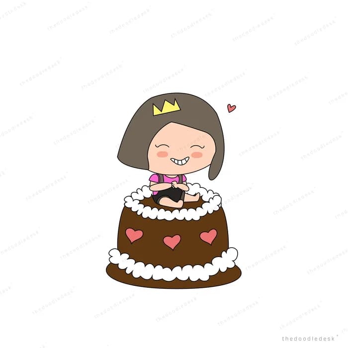 Girl in a crown standing behind a large chocolate heart cake