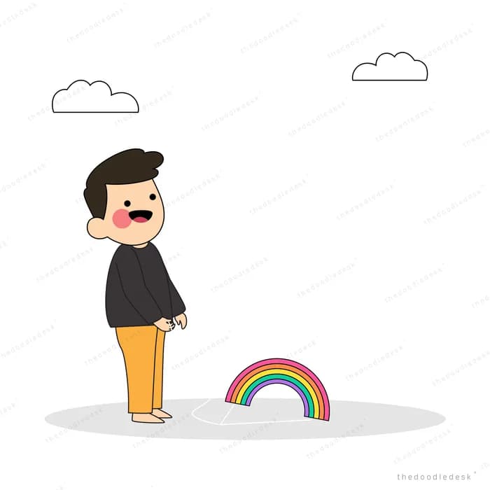 Man standing and looking down at a small rainbow arc on the ground