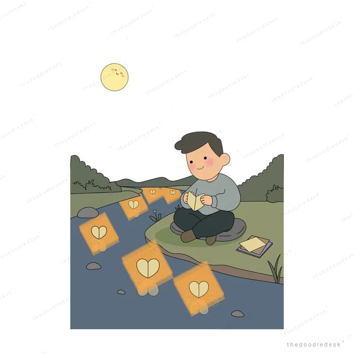 Boy kneeling at a riverbank releasing glowing lotus lanterns onto dark water under a moon