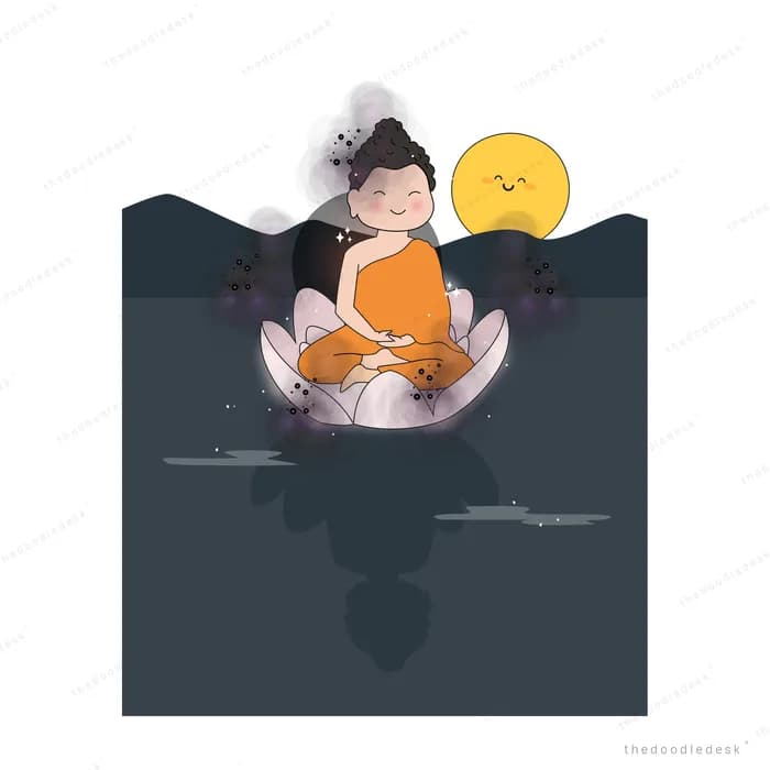 Figure in saffron robes meditating on a white lotus over dark water beside a full moon