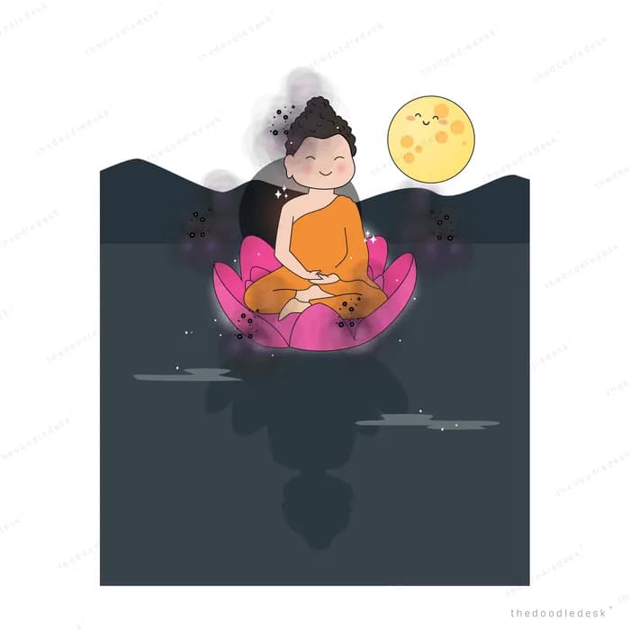 Figure in saffron robes meditating on a pink lotus over dark water beside a yellow moon