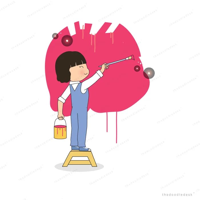 Girl in dungarees on a step stool rolling pink paint across a wall while holding a bucket