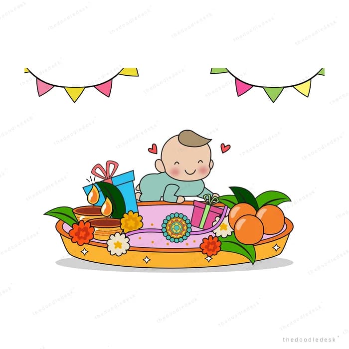 Baby seated in a decorated tray of gifts fruit and flowers under bunting