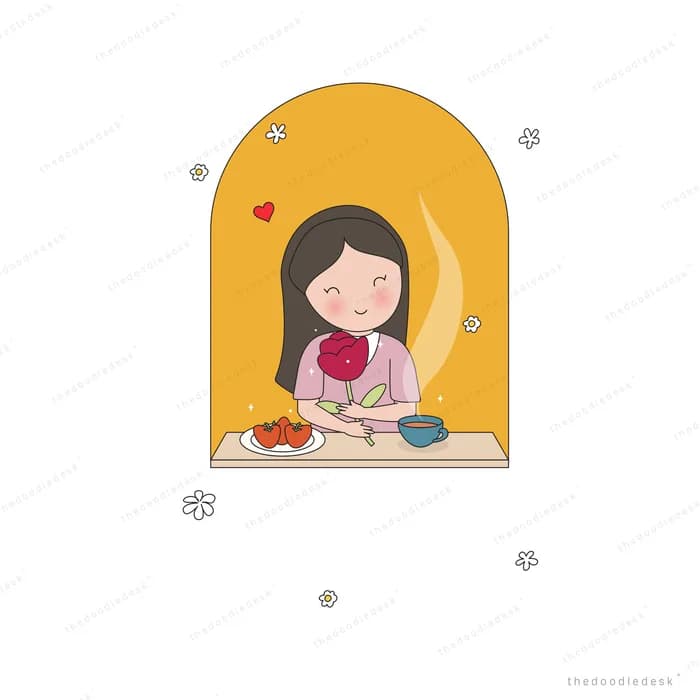 Girl eating a plated meal at a table inside a warm yellow arched alcove
