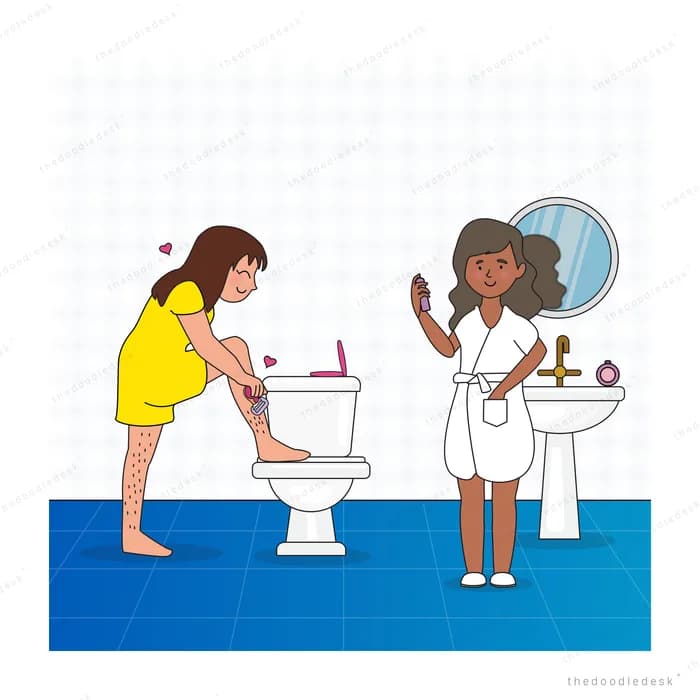 Pregnant woman leaning over a toilet while another woman in a robe stands by the sink