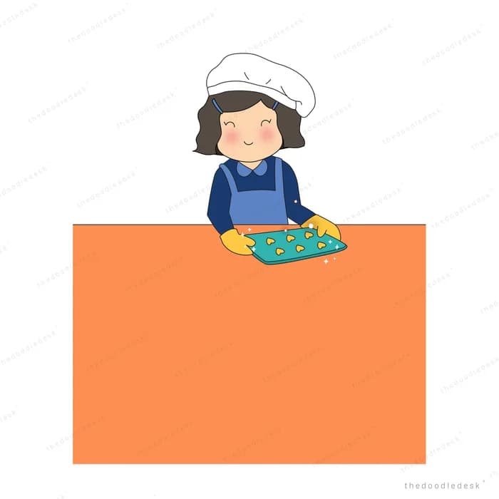 Girl in a chef hat holding a tray behind a blank orange panel