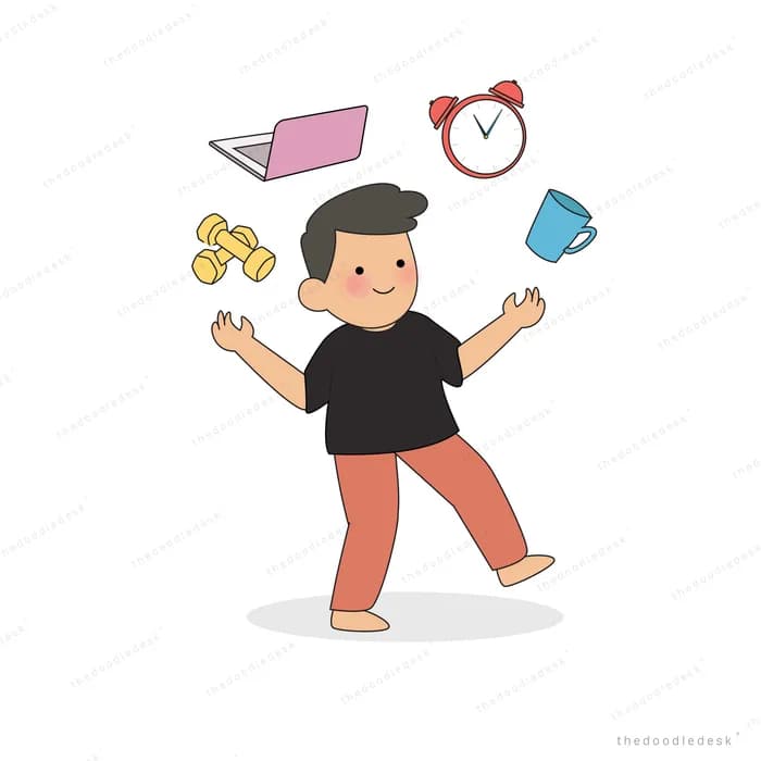 Man juggling a laptop alarm clock mug and dumbbells in mid air